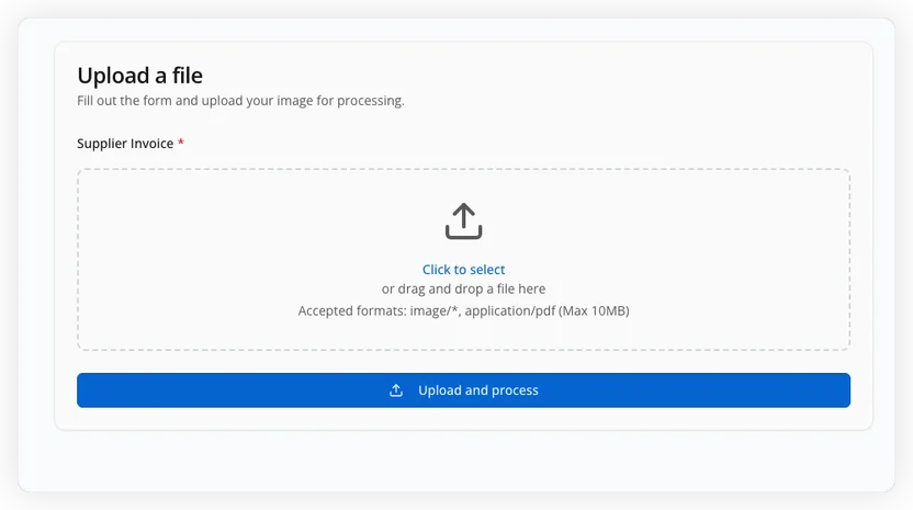 Upload interface showing drag-and-drop zone for supplier invoices