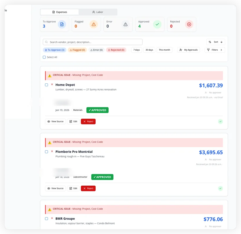 Expenses dashboard showing extracted data with anomaly flags and status badges