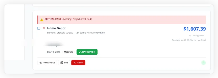 Expense edit modal showing vendor details, amount, project assignment, and approve button
