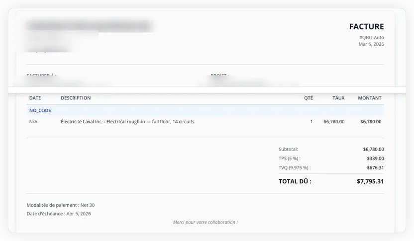 Generated invoice showing line items, subtotal, tax breakdown, and total amount due