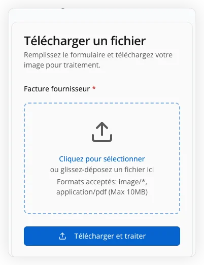 Interface de téléversement avec zone de glisser-déposer pour les factures fournisseurs