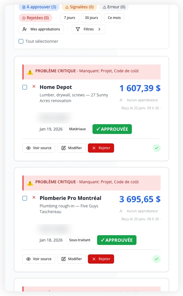 Tableau de bord des dépenses montrant les données extraites avec indicateurs d'anomalies et badges de statut