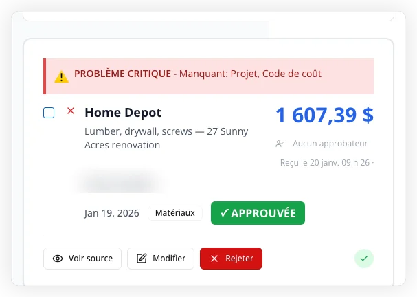 Carte de dépense montrant les détails du fournisseur, le montant et les boutons d'approbation