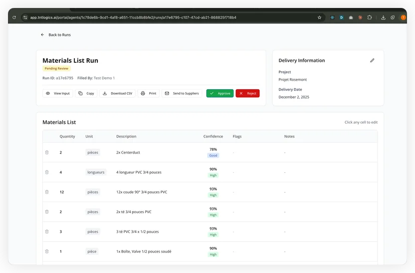 Digitized materials table showing quantities, descriptions, and confidence scores