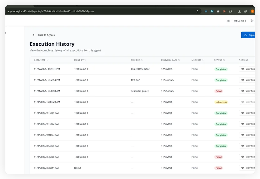 Execution history showing completed material list processing runs