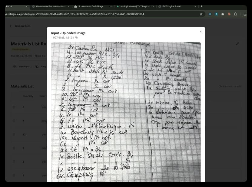 Handwritten materials list on graph paper with plumbing supplies