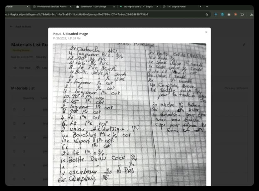 Handwritten materials list on graph paper with plumbing supplies