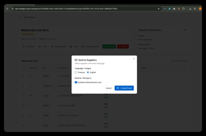 Send to Suppliers dialog showing language selection and supplier email