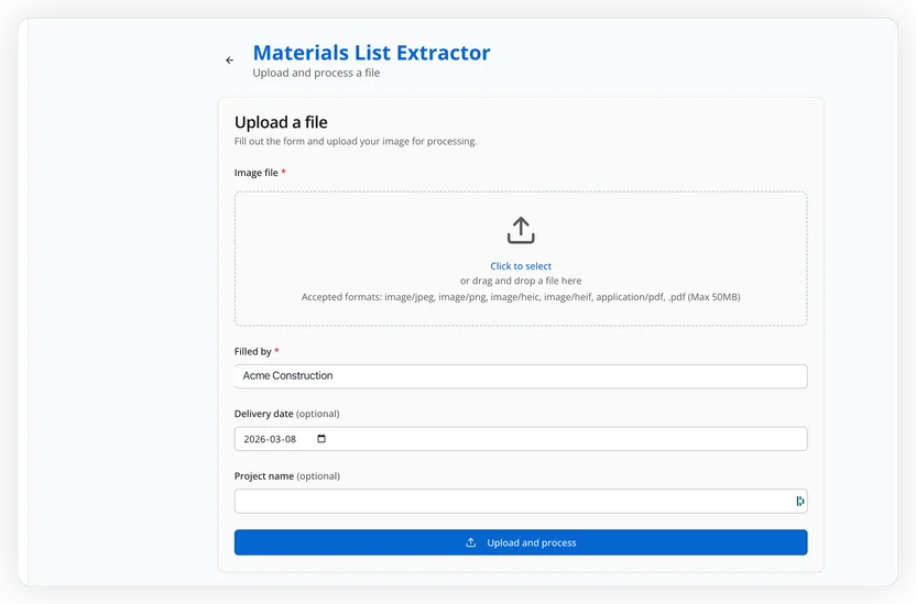Upload form showing file selection and project details