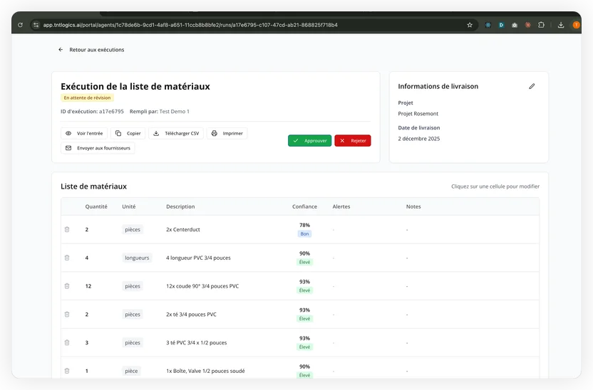 Tableau de matériaux numérisé avec quantités, descriptions et scores de confiance
