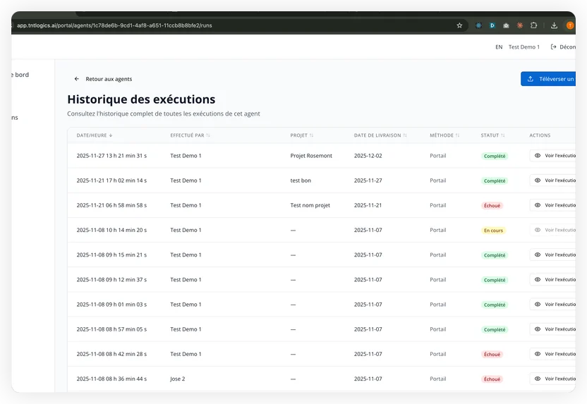 Historique des exécutions montrant les traitements de listes de matériaux complétés