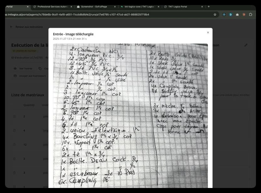 Liste de matériaux manuscrite sur papier quadrillé avec fournitures de plomberie
