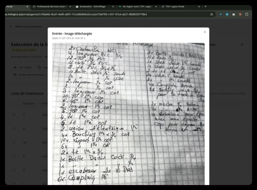 Liste de matériaux manuscrite sur papier quadrillé avec fournitures de plomberie