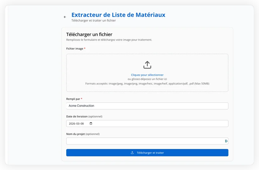 Formulaire de téléversement avec sélection de fichier et détails du projet
