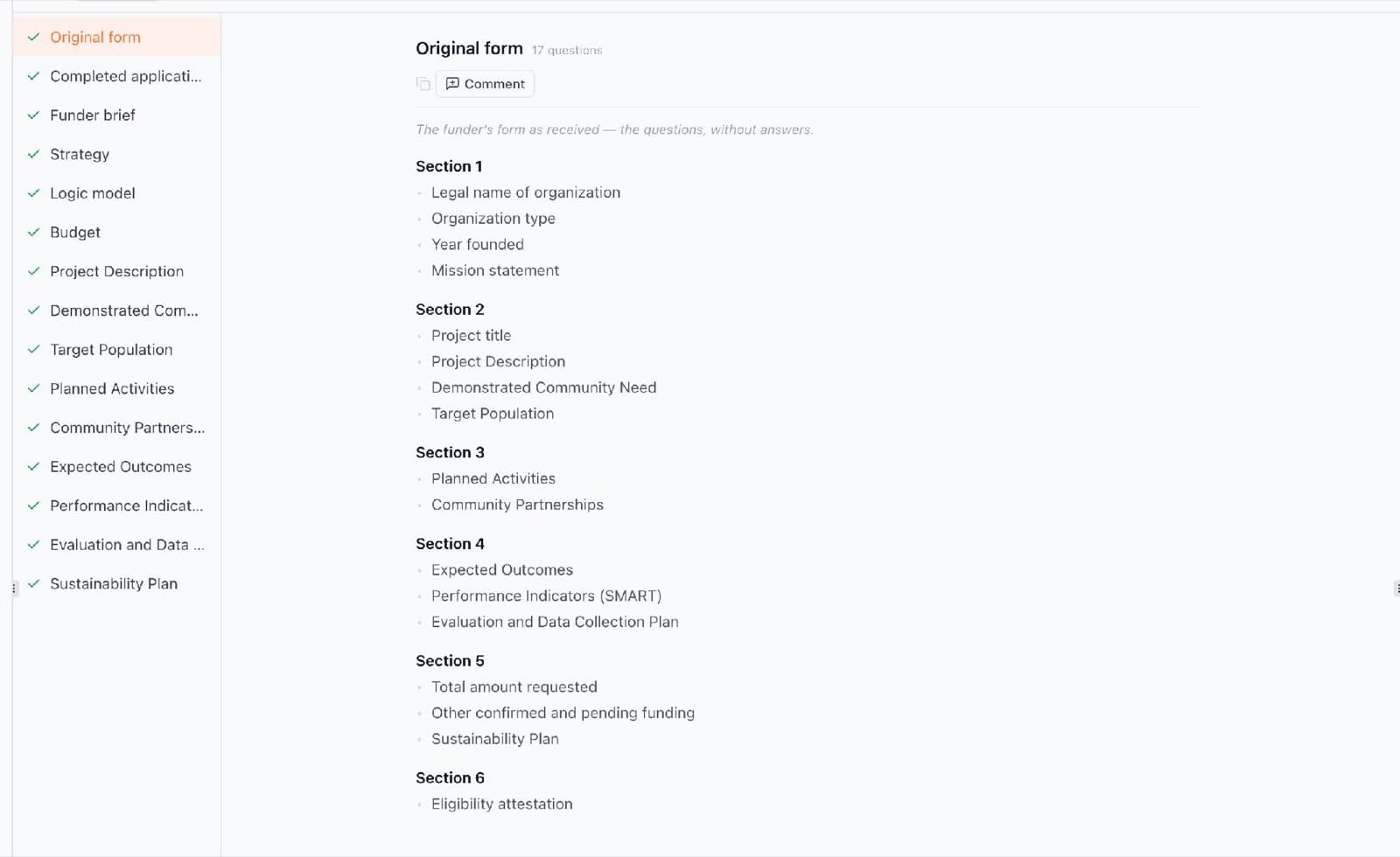 Grant Drafter turning a funder's form into tracked sections