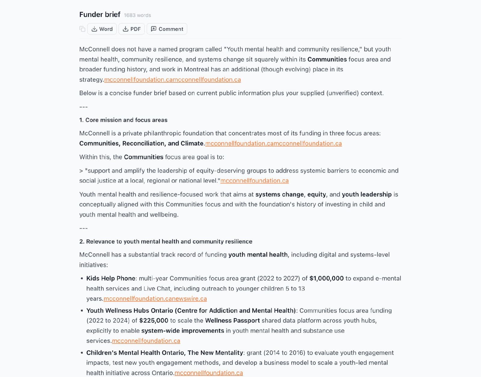 A funder brief written into the Grant Drafter workspace