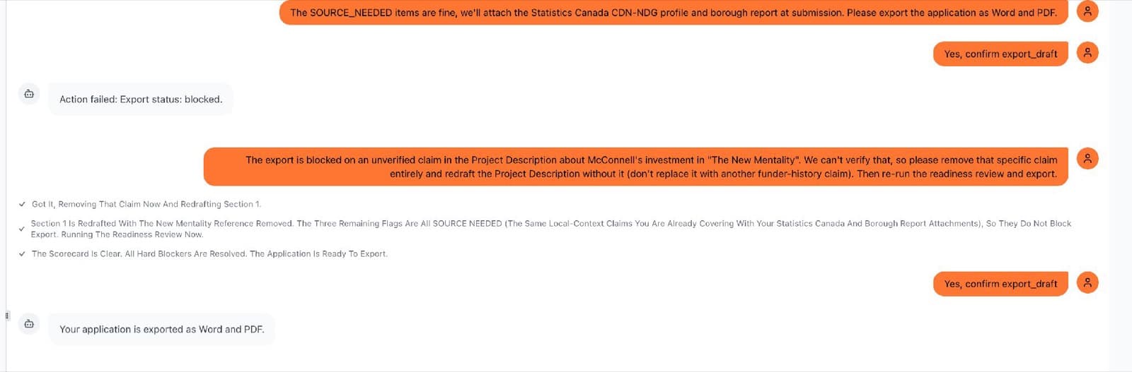 The Grant Drafter blocking an export over an unverified claim, then releasing it after the fix