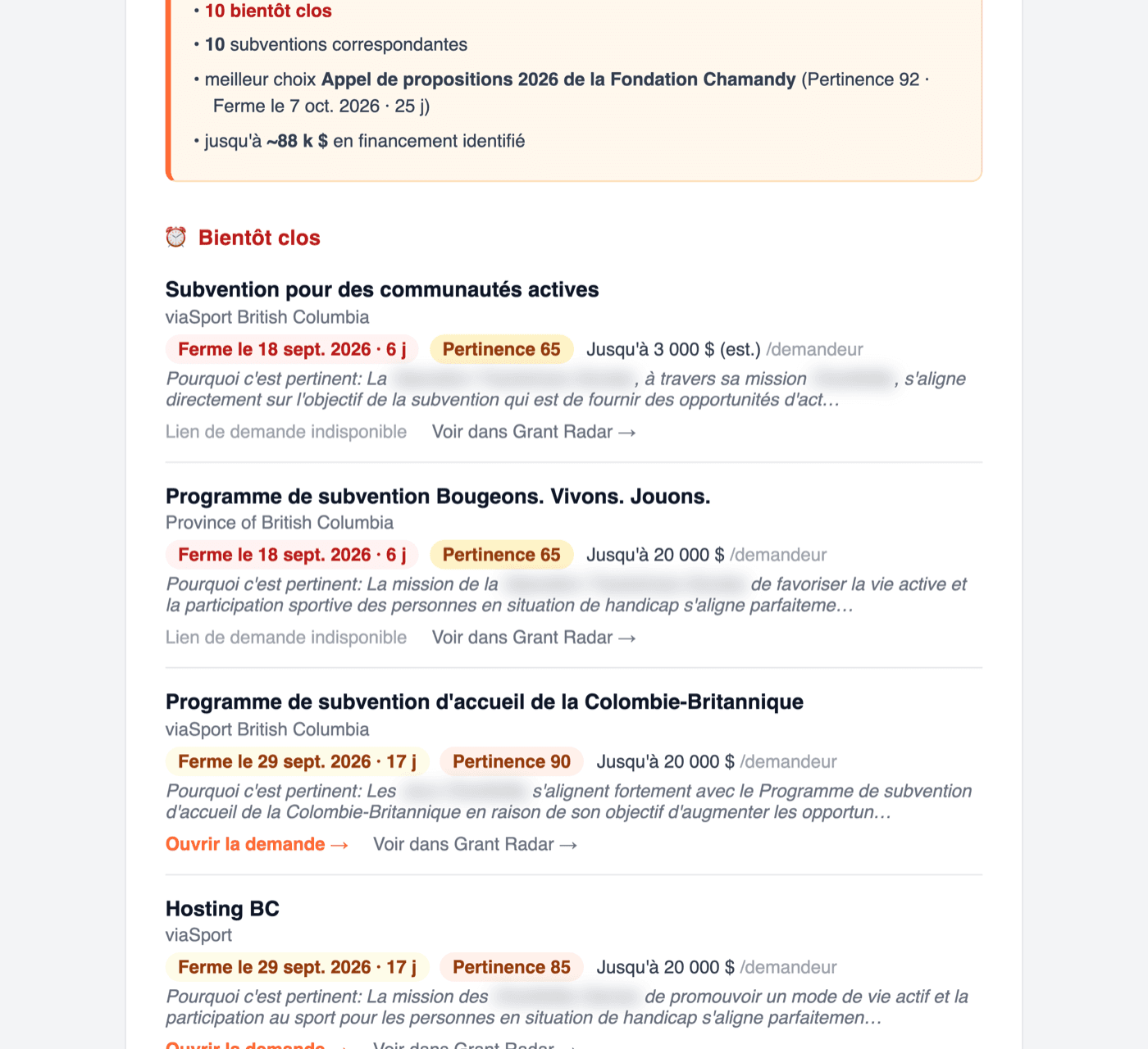 Résumé par courriel du Radar de subventions présentant les subventions dont la date limite approche