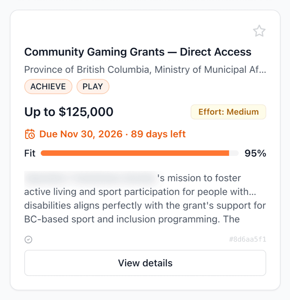 A Grant Radar opportunity card with award, deadline, effort and fit score