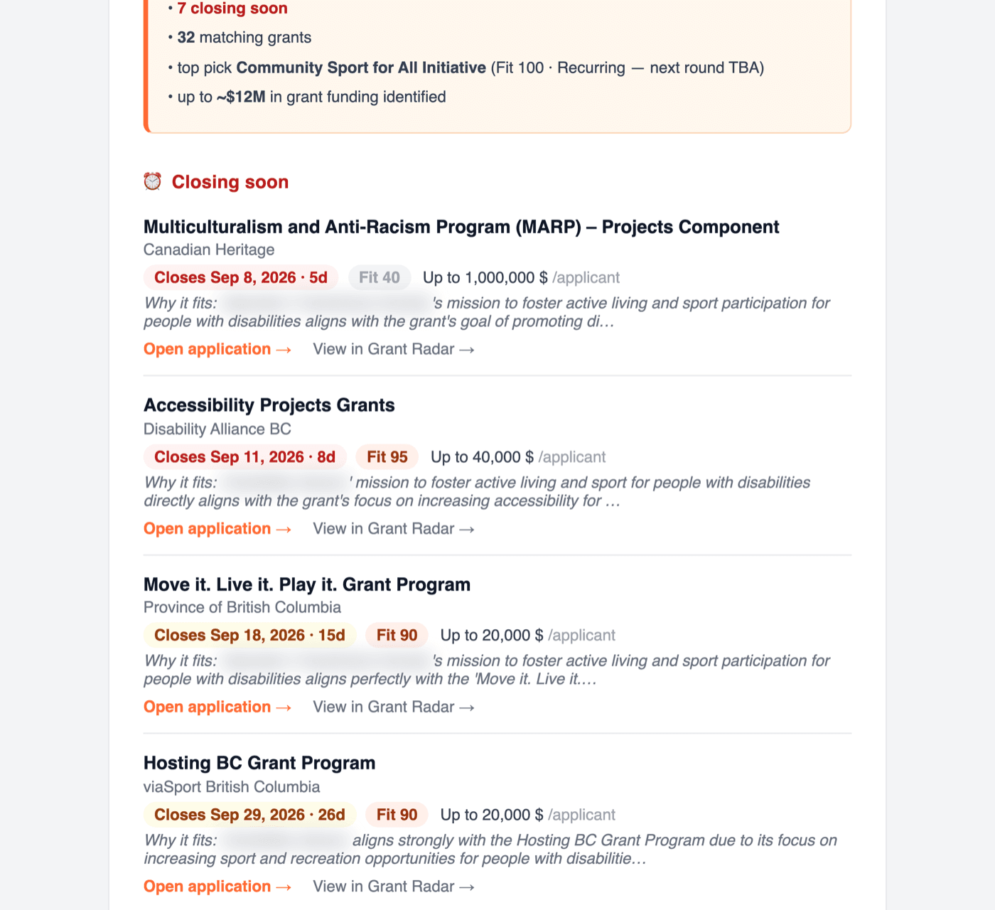 Grant Radar email digest listing grants closing soon
